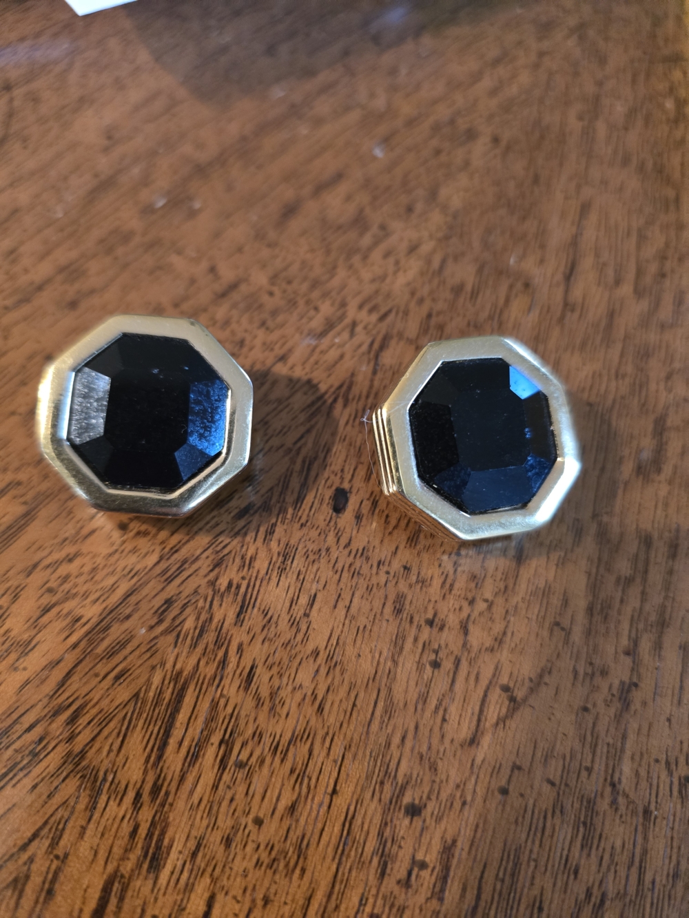Octagon Black Stone Gold Tone Clip On Earrings